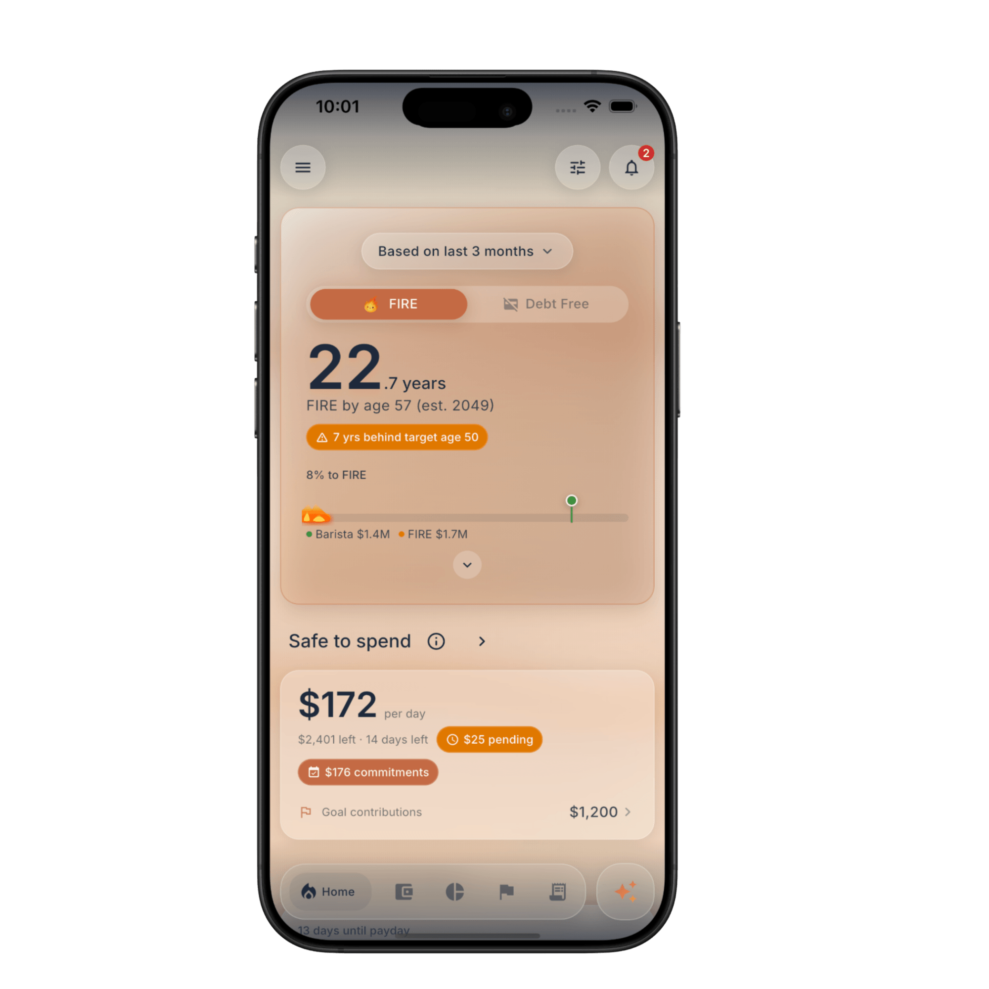 Fireball mobile app showing a personalised FIRE timeline