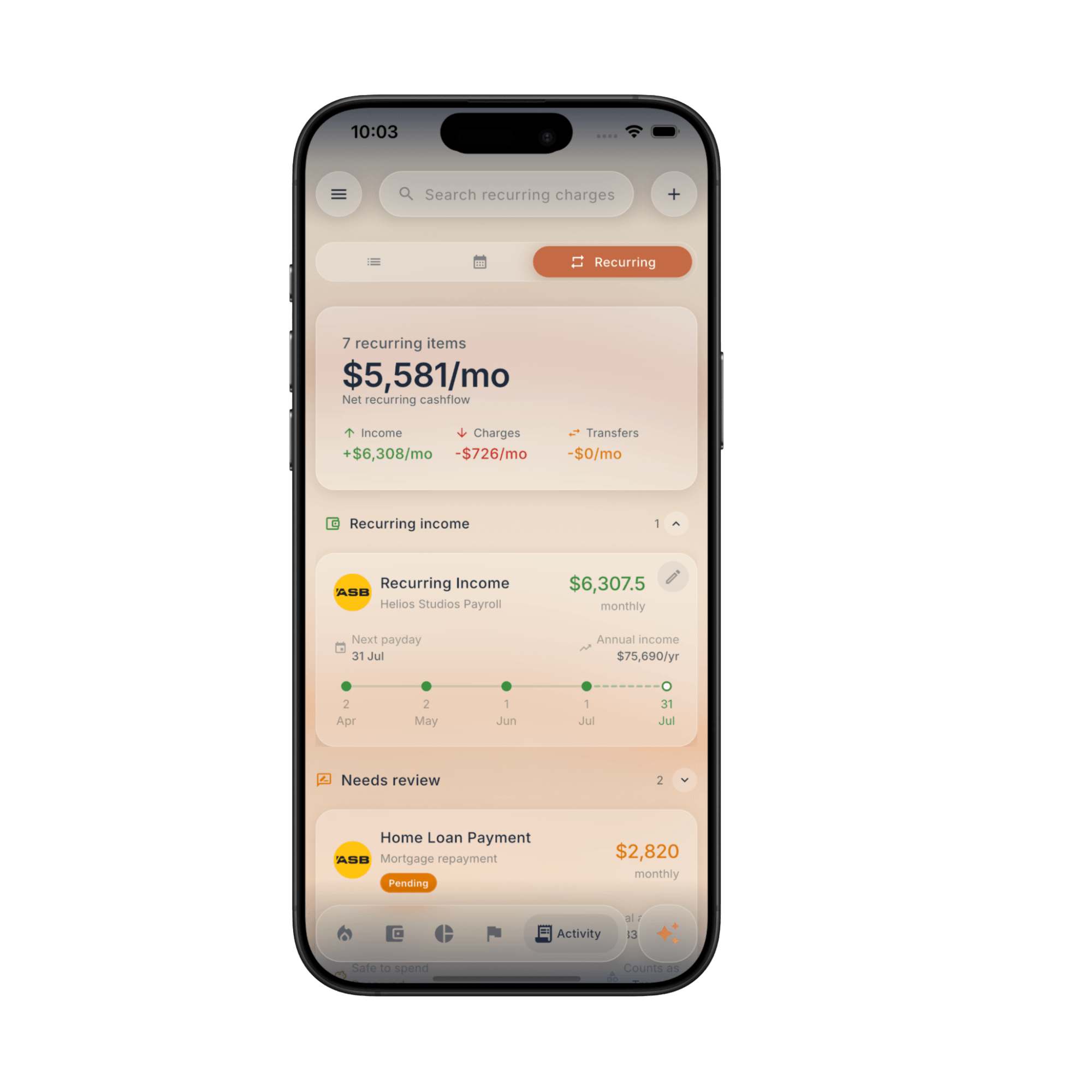 Fireball mobile app showing recurring income and charges